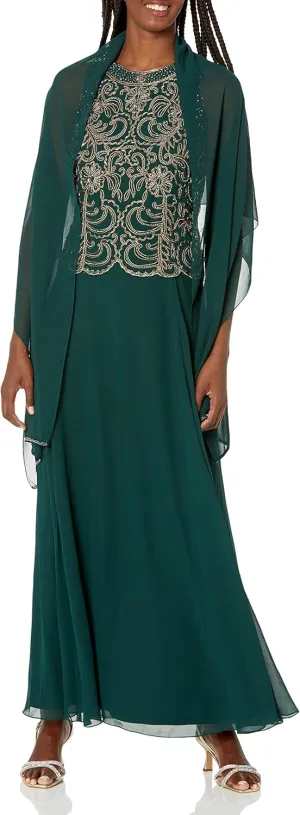 J Kara Women's Sleeveless Scallop Long Beaded Dress W/Scarf