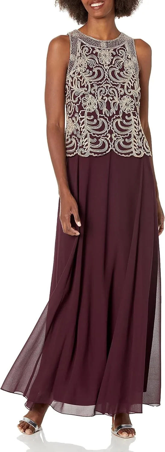 J Kara Women's Sleeveless Scallop Long Beaded Dress W/Scarf