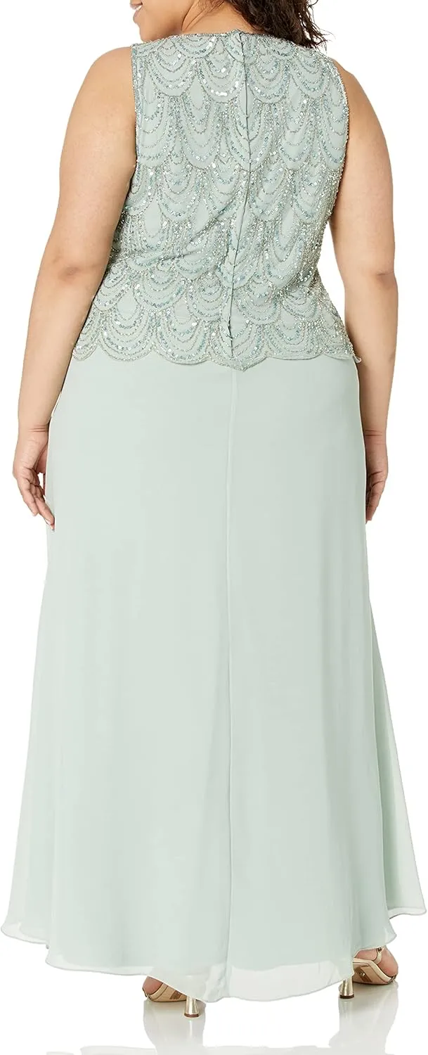 J Kara Women's Sleeveless Scallop Trim Beaded Mock Flare Dress