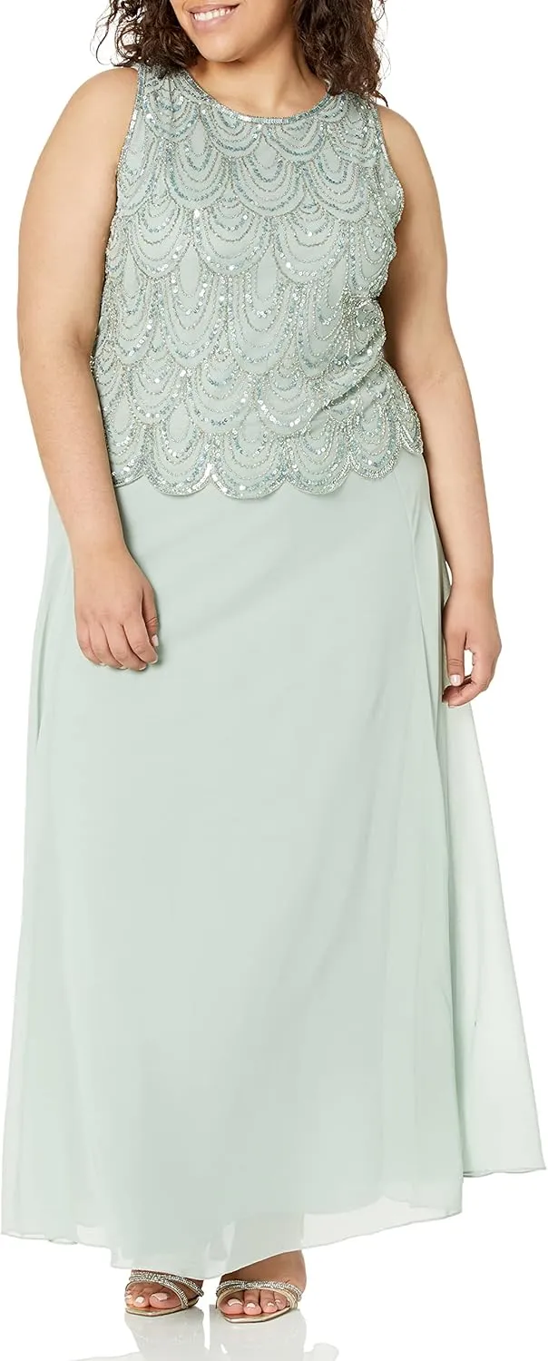 J Kara Women's Sleeveless Scallop Trim Beaded Mock Flare Dress