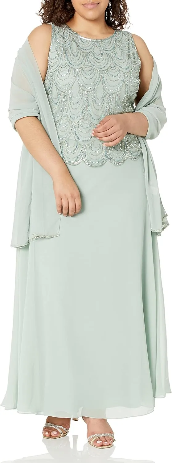 J Kara Women's Sleeveless Scallop Trim Beaded Mock Flare Dress
