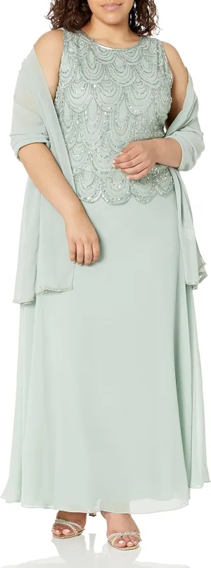 J Kara Women's Sleeveless Scallop Trim Beaded Mock Flare Dress