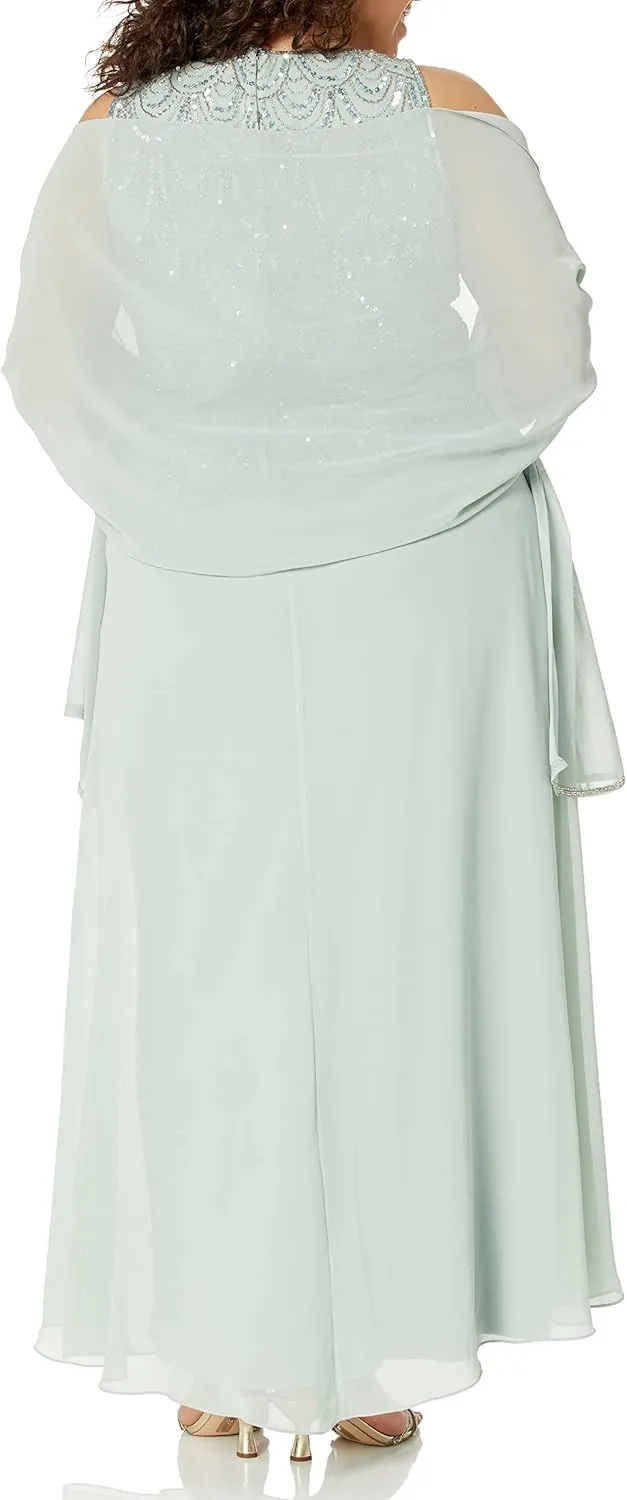 J Kara Women's Sleeveless Scallop Trim Beaded Mock Flare Dress