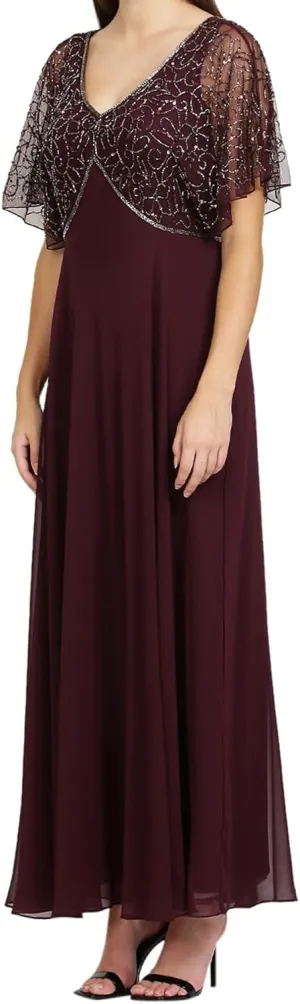 J Kara Women's V Neck Kimono Sleeve Empire Waist Beaded Long Dress
