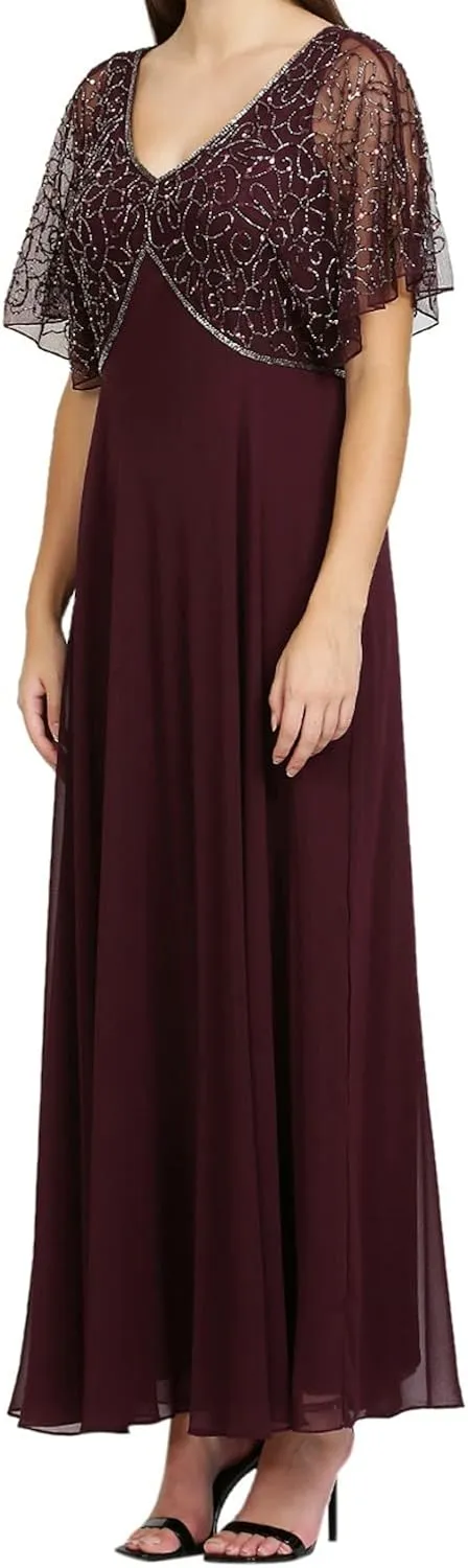 J Kara Women's V Neck Kimono Sleeve Empire Waist Beaded Long Dress