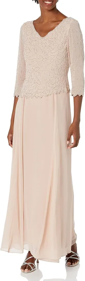 J Kara Women's V-Neck with 3/4 Sleeve Long Dress