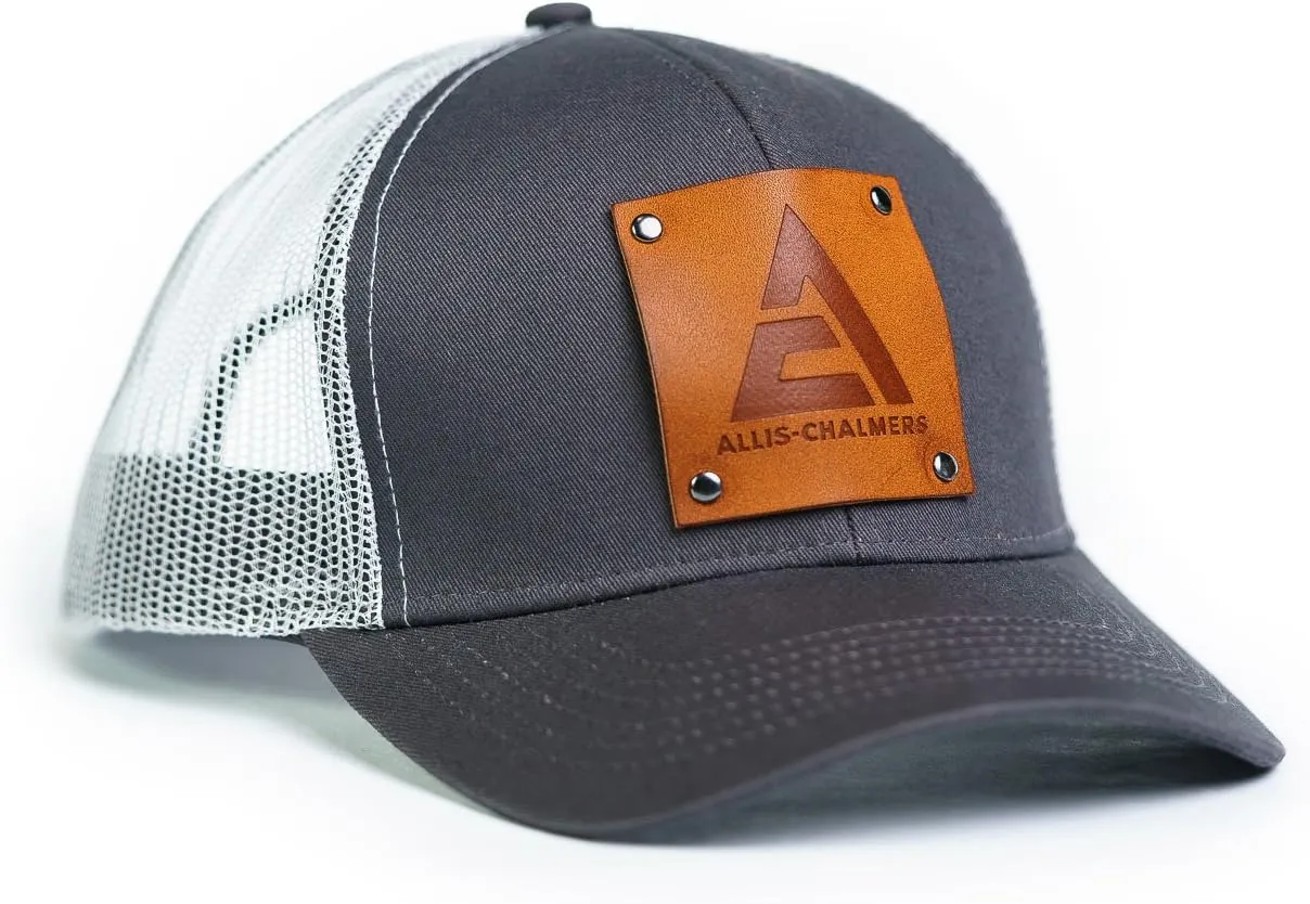 J&D Productions Allis Chalmers Hat with Leather Logo Emblem, Gray/White Mesh, New Logo