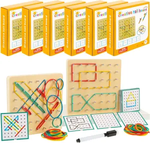 Jenaai 6 Set Wooden Geoboard with Rubber Bands Graphical Montessori Toys for 3  Year Old Manipulative Material Array Block Geoboards Educational Toy with Pattern Cards Create Figures Shape STEM Puzzle