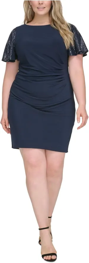 JESSICA HOWARD Womens Navy Sequined Pleated Zippered Lined Flutter Sleeve Round Neck Short Party Sheath Dress Plus 24W
