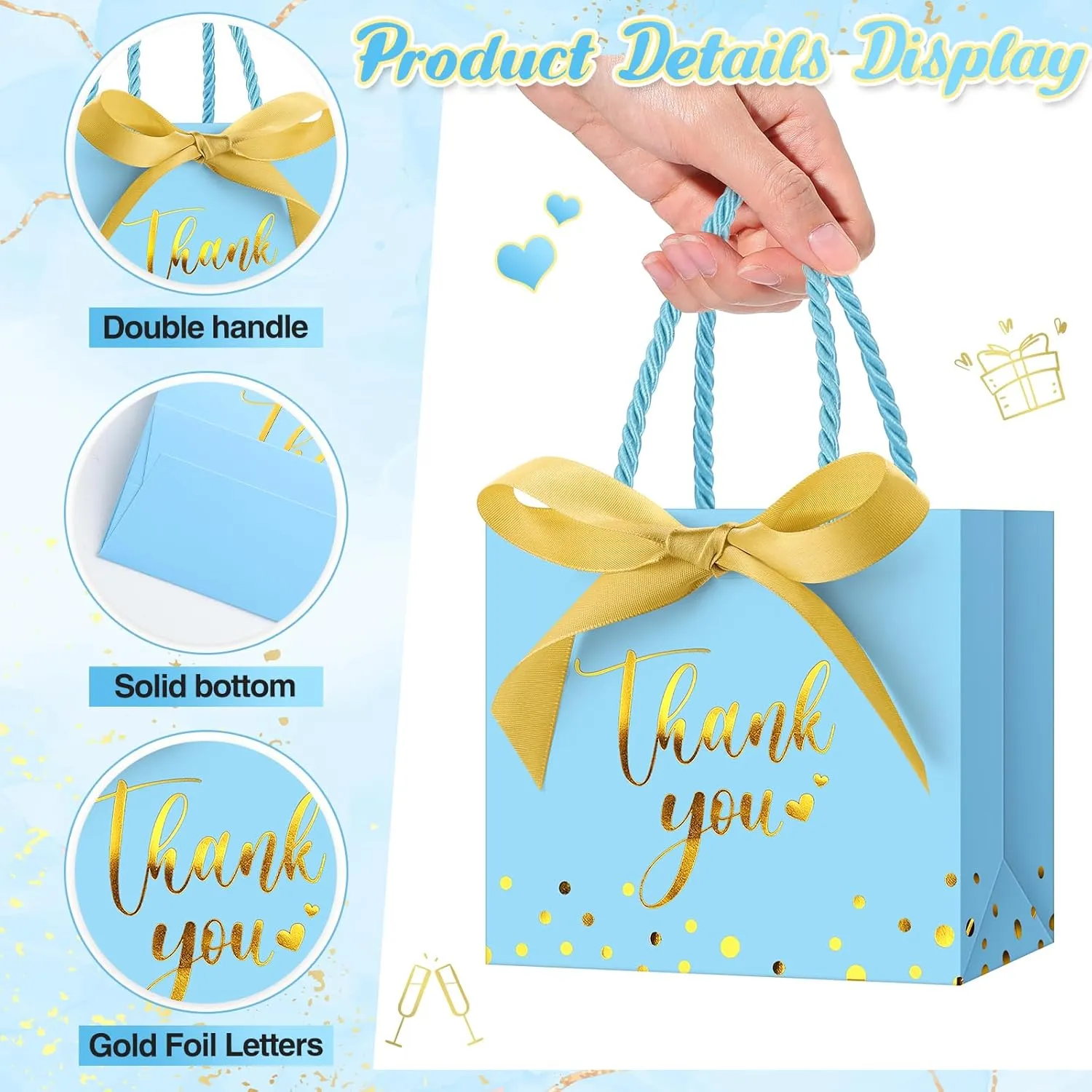 Jetec 45 Pcs Mini Paper Gift Bag Bulk 5.5 x 4.7 x 2.5'' Small Thank You Favor Bag with Handle Bow Ribbon for Valentine‘s Day Wedding Baby Bridal Shower Birthday Party(Sky Blue/gold)