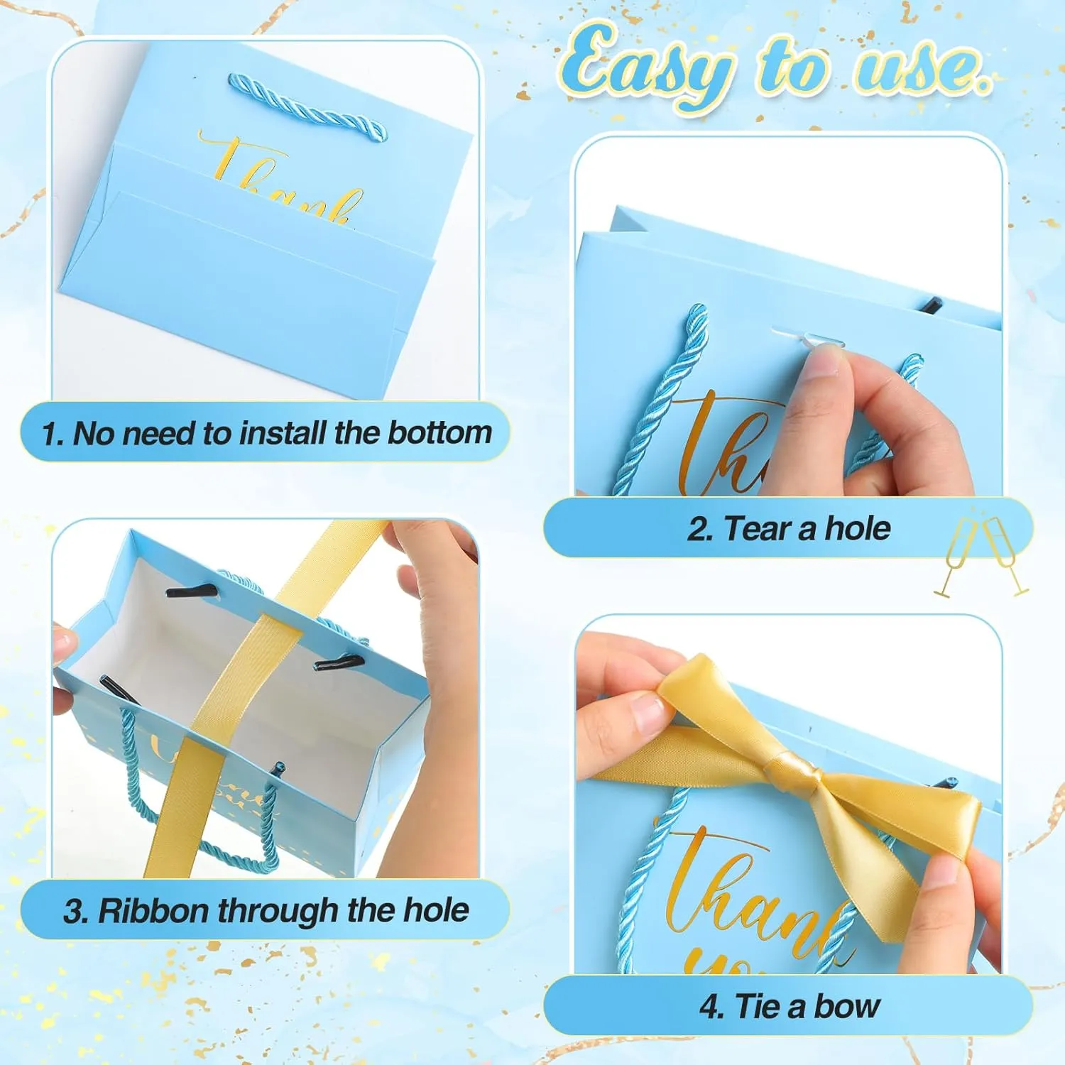 Jetec 45 Pcs Mini Paper Gift Bag Bulk 5.5 x 4.7 x 2.5'' Small Thank You Favor Bag with Handle Bow Ribbon for Valentine‘s Day Wedding Baby Bridal Shower Birthday Party(Sky Blue/gold)