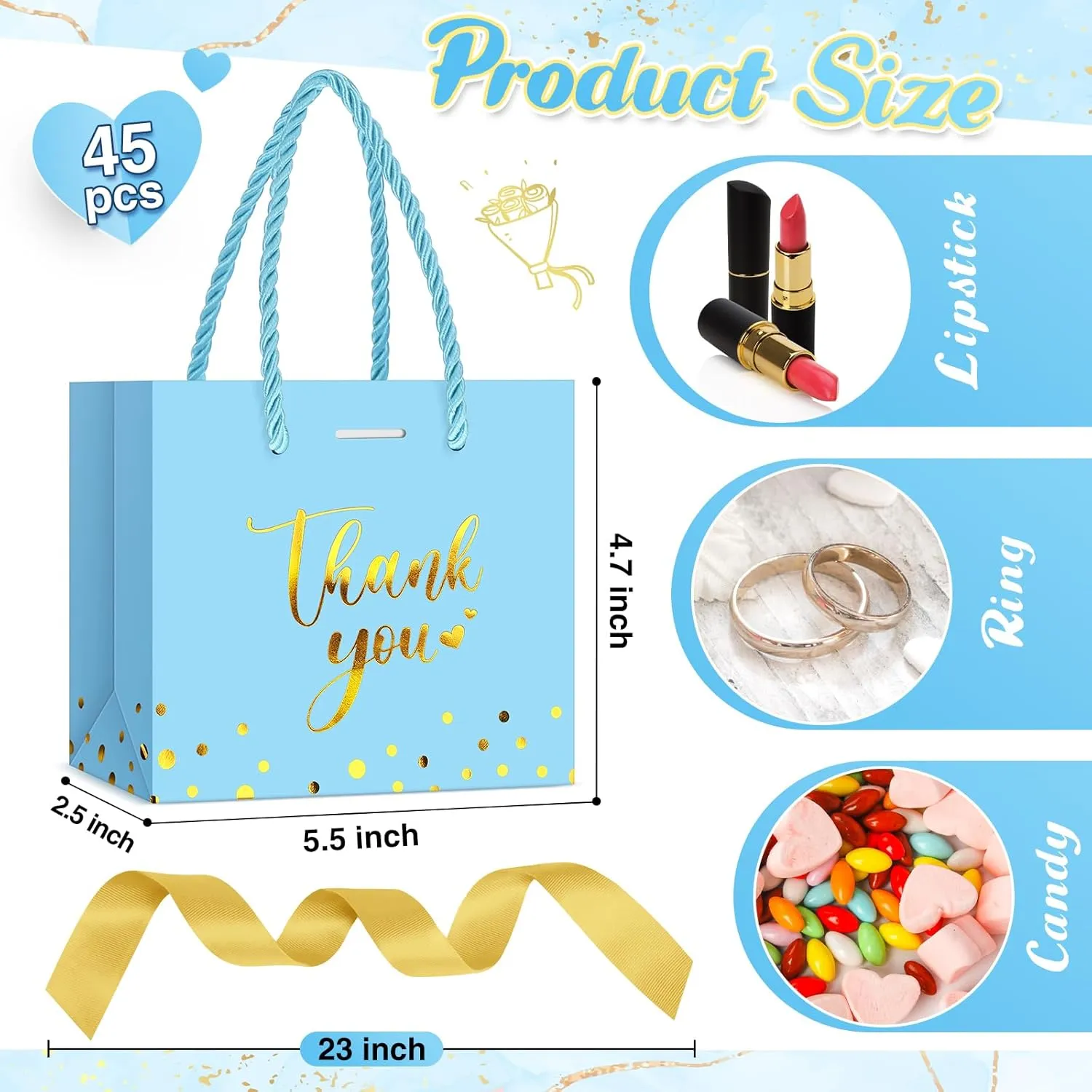 Jetec 45 Pcs Mini Paper Gift Bag Bulk 5.5 x 4.7 x 2.5'' Small Thank You Favor Bag with Handle Bow Ribbon for Valentine‘s Day Wedding Baby Bridal Shower Birthday Party(Sky Blue/gold)