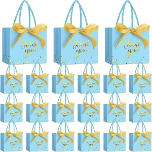 Jetec 45 Pcs Mini Paper Gift Bag Bulk 5.5 x 4.7 x 2.5'' Small Thank You Favor Bag with Handle Bow Ribbon for Valentine‘s Day Wedding Baby Bridal Shower Birthday Party(Sky Blue/gold)