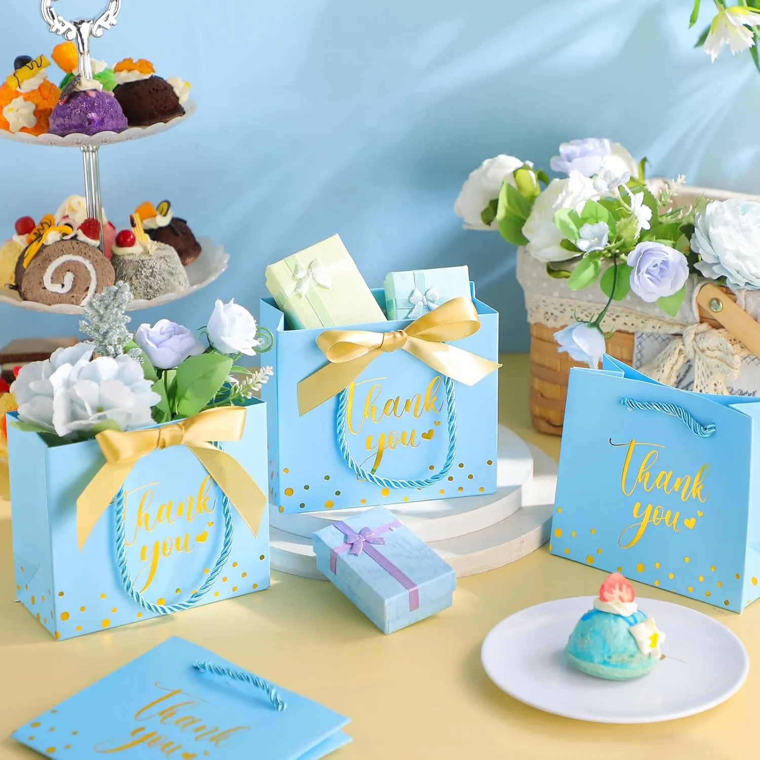 Jetec 45 Pcs Mini Paper Gift Bag Bulk 5.5 x 4.7 x 2.5'' Small Thank You Favor Bag with Handle Bow Ribbon for Valentine‘s Day Wedding Baby Bridal Shower Birthday Party(Sky Blue/gold)