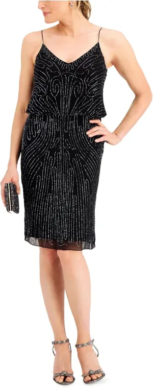 JKARA Womens Black Sequined Spaghetti Strap V Neck Below The Knee Party Dress 4