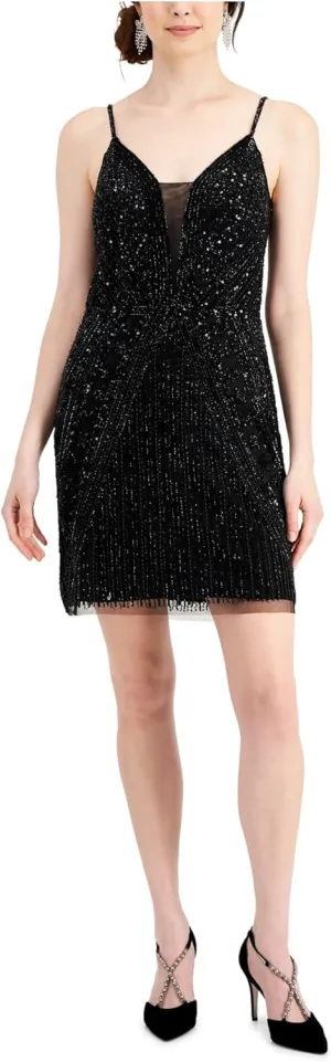 JKARA Womens Black Sequined Zippered Spaghetti Strap V Neck Mini Cocktail Sheath Dress S