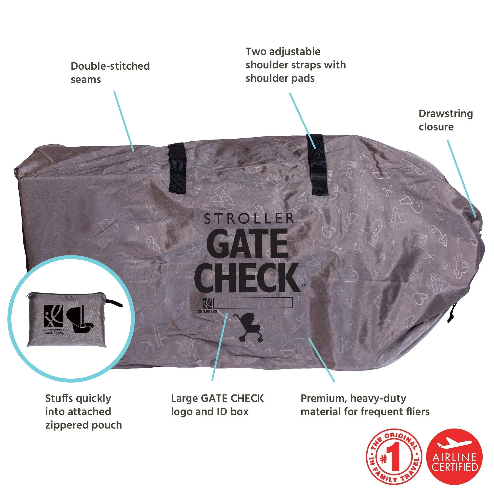 J.L Childress DELUXE Gate Check Bag for Single & Double Strollers - Premium Heavy-Duty Durable Air Travel Bag, Adjustable Shoulder Straps - Fits Most Single & Double Strollers, Grey