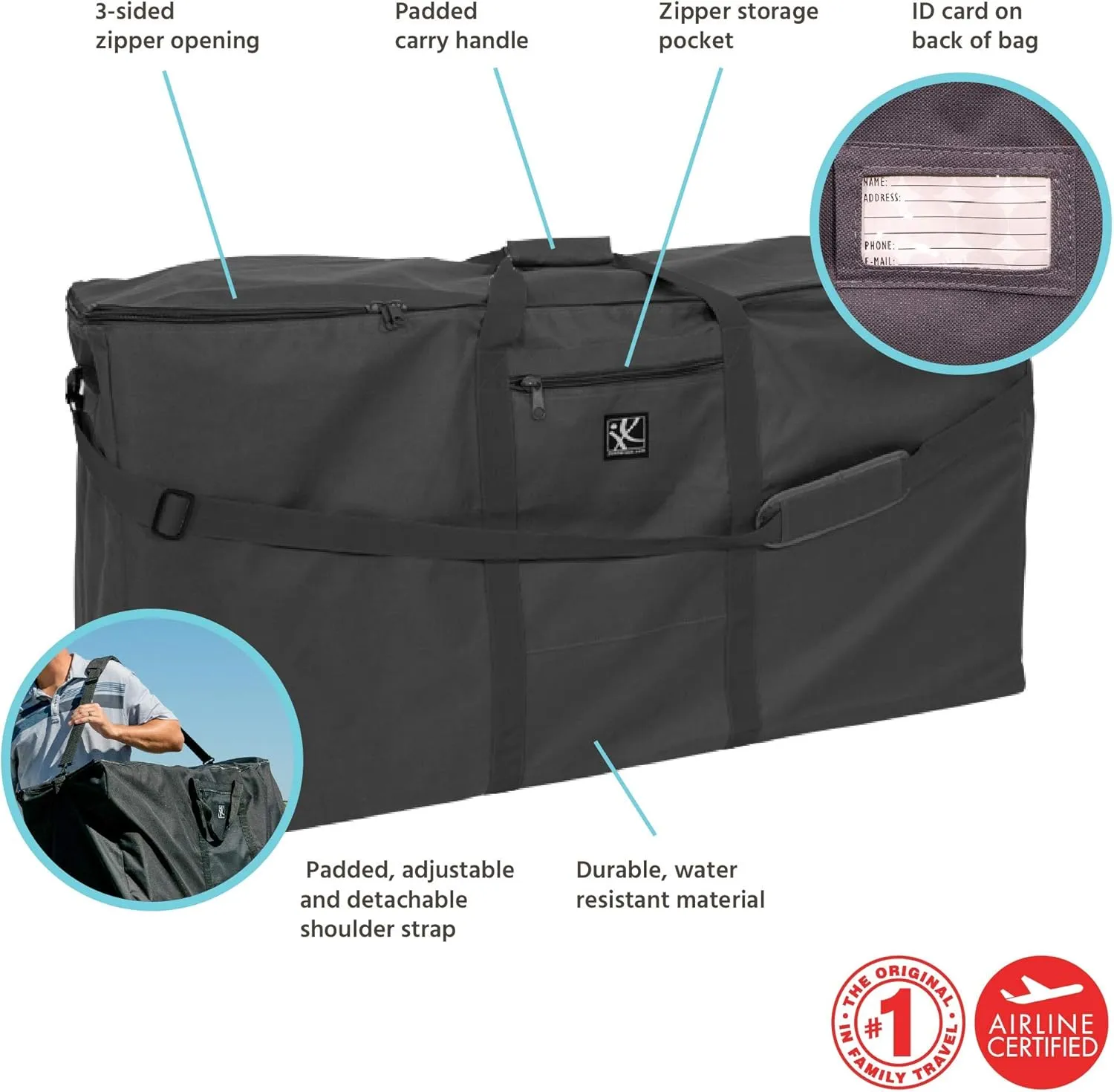 JL Childress Standard and Dual Stroller Travel Bag, Black,JE
