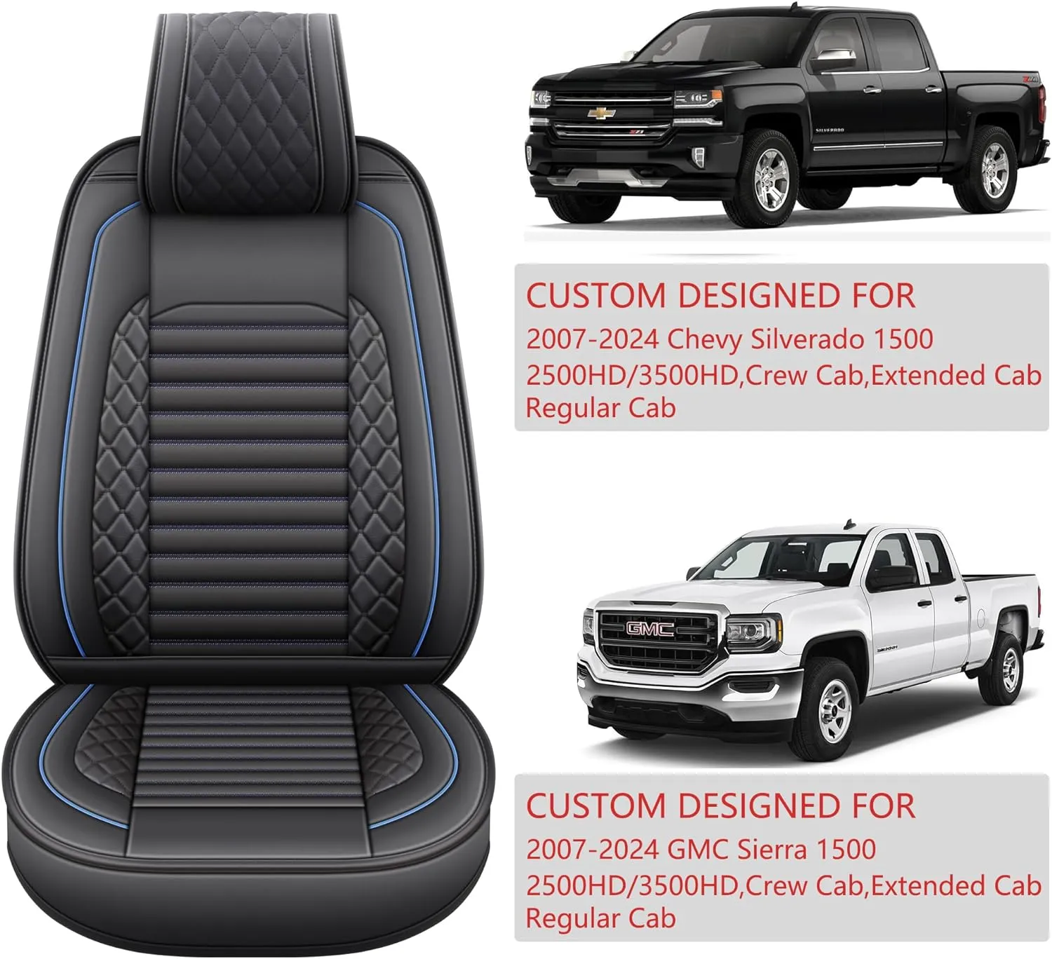 JOJOBAY Chevy Silverado Seat Covers,GMC Sierra Seat Covers,Custom Fit 2007-2025 1500 2500HD 3500HD Crew Extended Regular Cab,LT LZT(Rear Seat Covers,Black Blue)