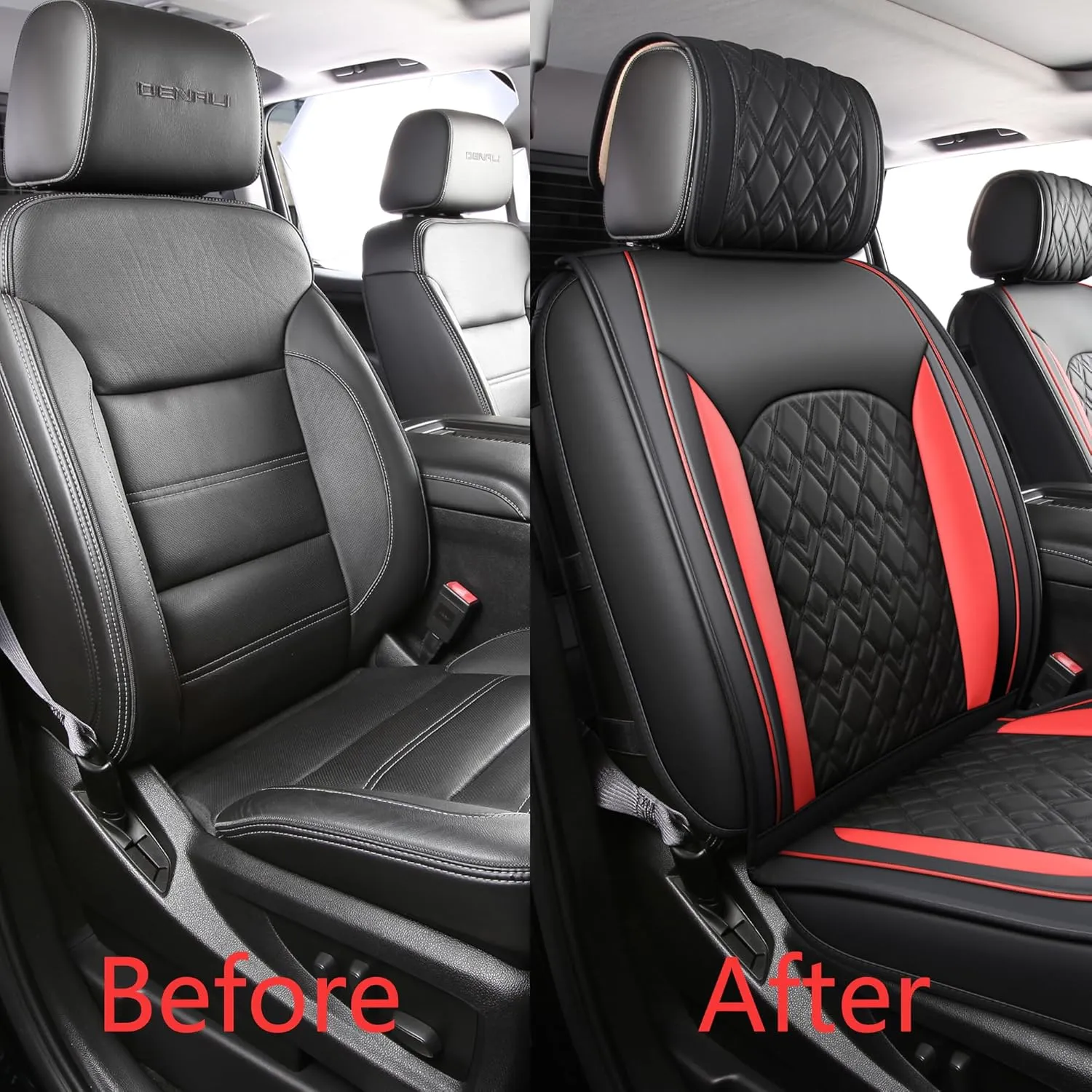 JOJOBAY Chevy Silverado Seat Covers,Leather Seat Covers for GMC Sierra,Custom Fit 2007-2026 1500 2500HD 3500HD Crew Double Extended Regular Cab,LT LZT RST Trail Boss(Front Pair,Black Red)