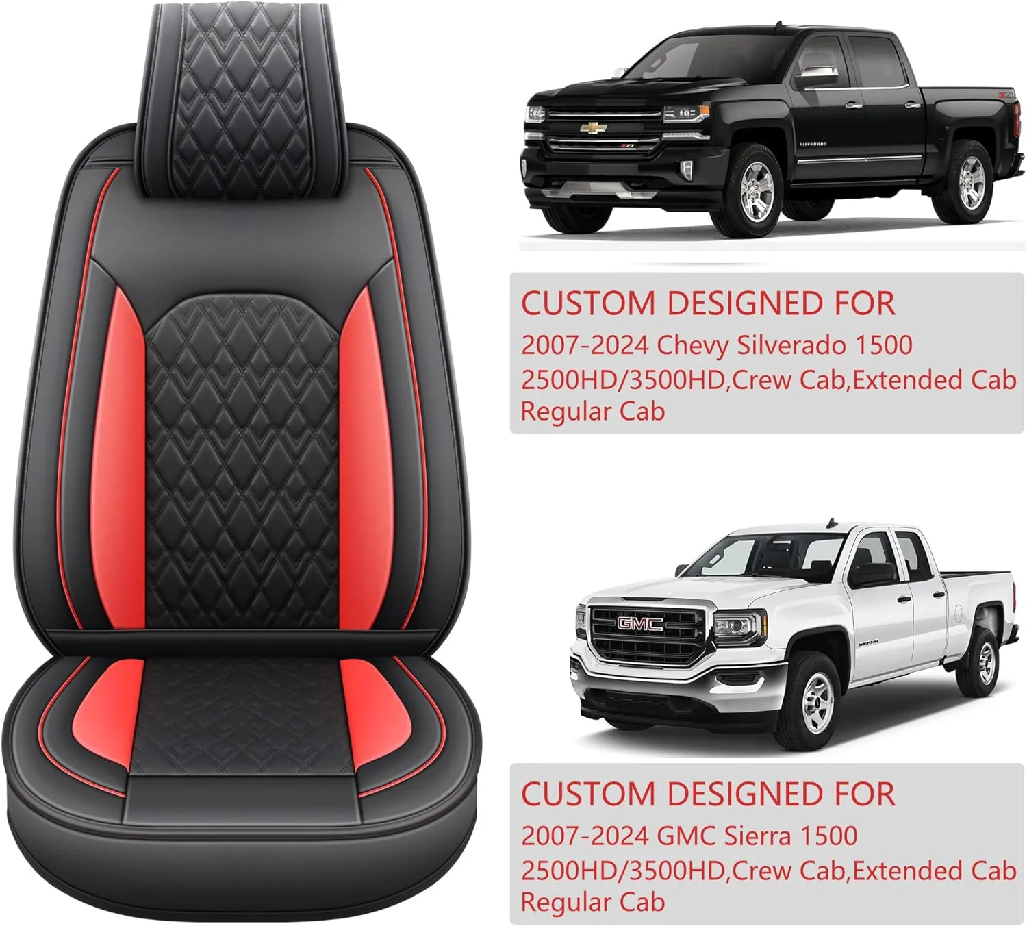 JOJOBAY Chevy Silverado Seat Covers,Leather Seat Covers for GMC Sierra,Custom Fit 2007-2026 1500 2500HD 3500HD Crew Double Extended Regular Cab,LT LZT RST Trail Boss(Front Pair,Black Red)