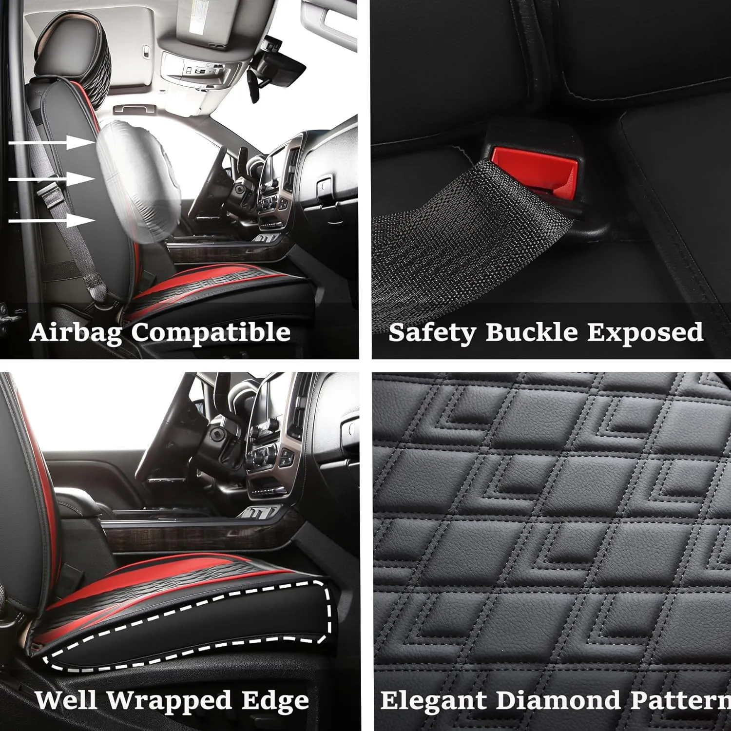 JOJOBAY Chevy Silverado Seat Covers,Leather Seat Covers for GMC Sierra,Custom Fit 2007-2026 1500 2500HD 3500HD Crew Double Extended Regular Cab,LT LZT RST Trail Boss(Front Pair,Black Red)