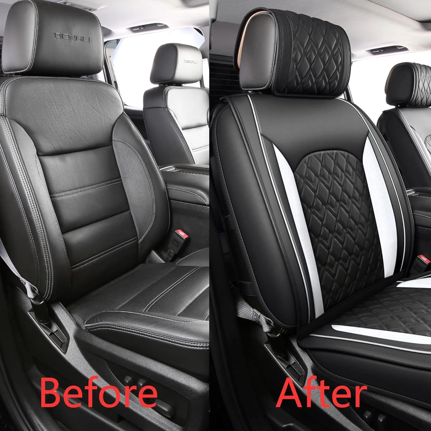 JOJOBAY Chevy Silverado Seat Covers,Leather Seat Covers for GMC Sierra,Custom Fit 2007-2026 1500 2500HD 3500HD Crew Double Extended Regular Cab,LT LZT RST Trail Boss(Front Pair,Black White)