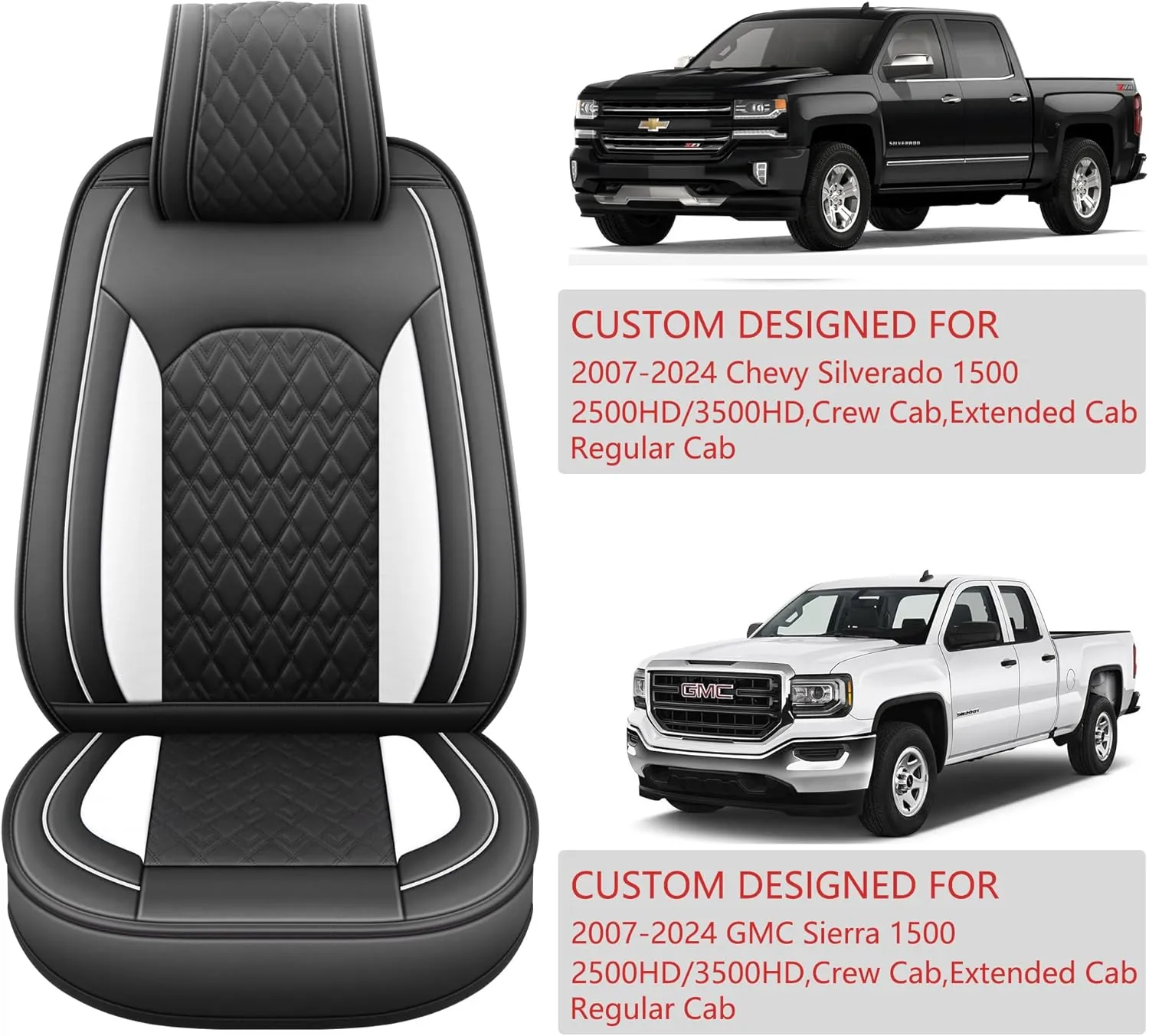 JOJOBAY Chevy Silverado Seat Covers,Leather Seat Covers for GMC Sierra,Custom Fit 2007-2026 1500 2500HD 3500HD Crew Double Extended Regular Cab,LT LZT RST Trail Boss(Front Pair,Black White)