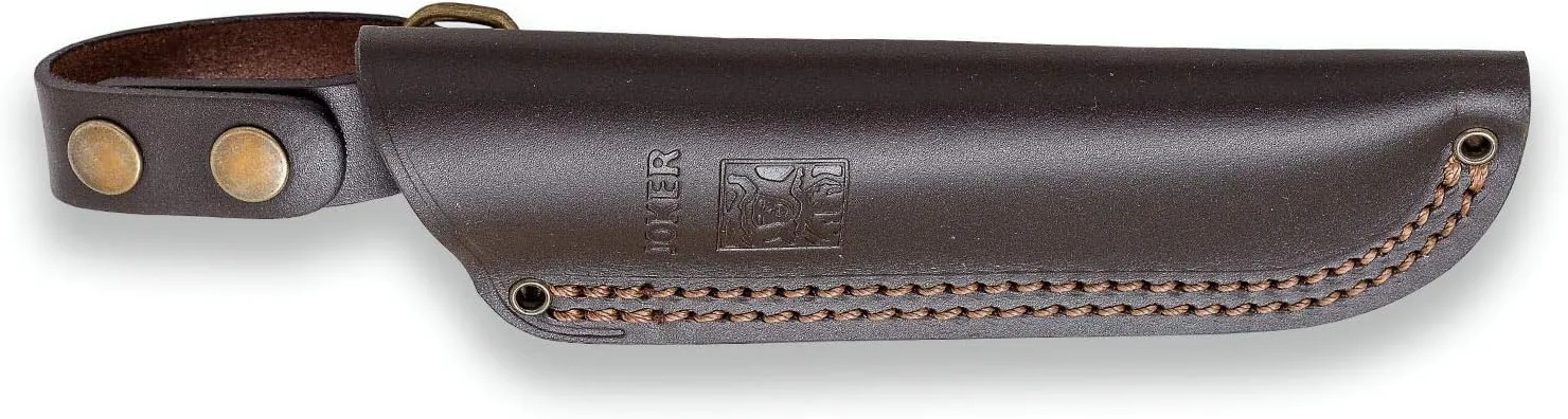 Joker Knife Nessmuk S 132, 4.3 in. Blade Sandvik 14C28N, Birch and Walnut Handle, Brown Leather Sheath, Fishing, Hunting, Camping and Trekking Tool (Walnut Wood, Leather Sheath)