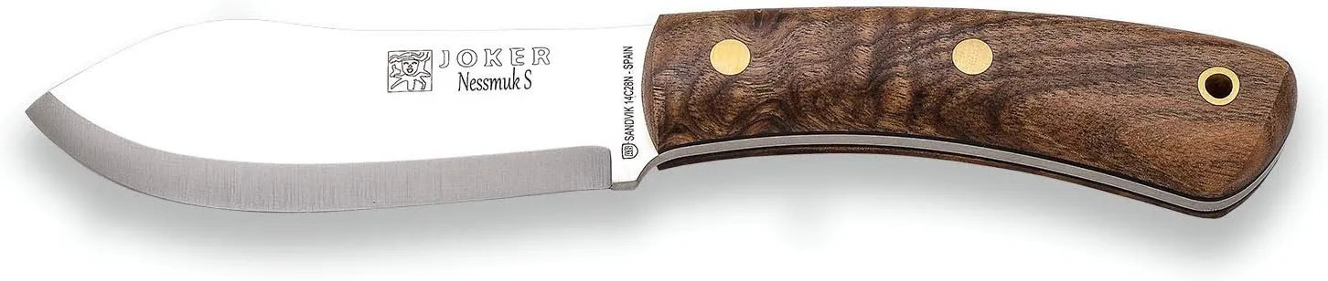 Joker Knife Nessmuk S 132, 4.3 in. Blade Sandvik 14C28N, Birch and Walnut Handle, Brown Leather Sheath, Fishing, Hunting, Camping and Trekking Tool (Walnut Wood, Leather Sheath)