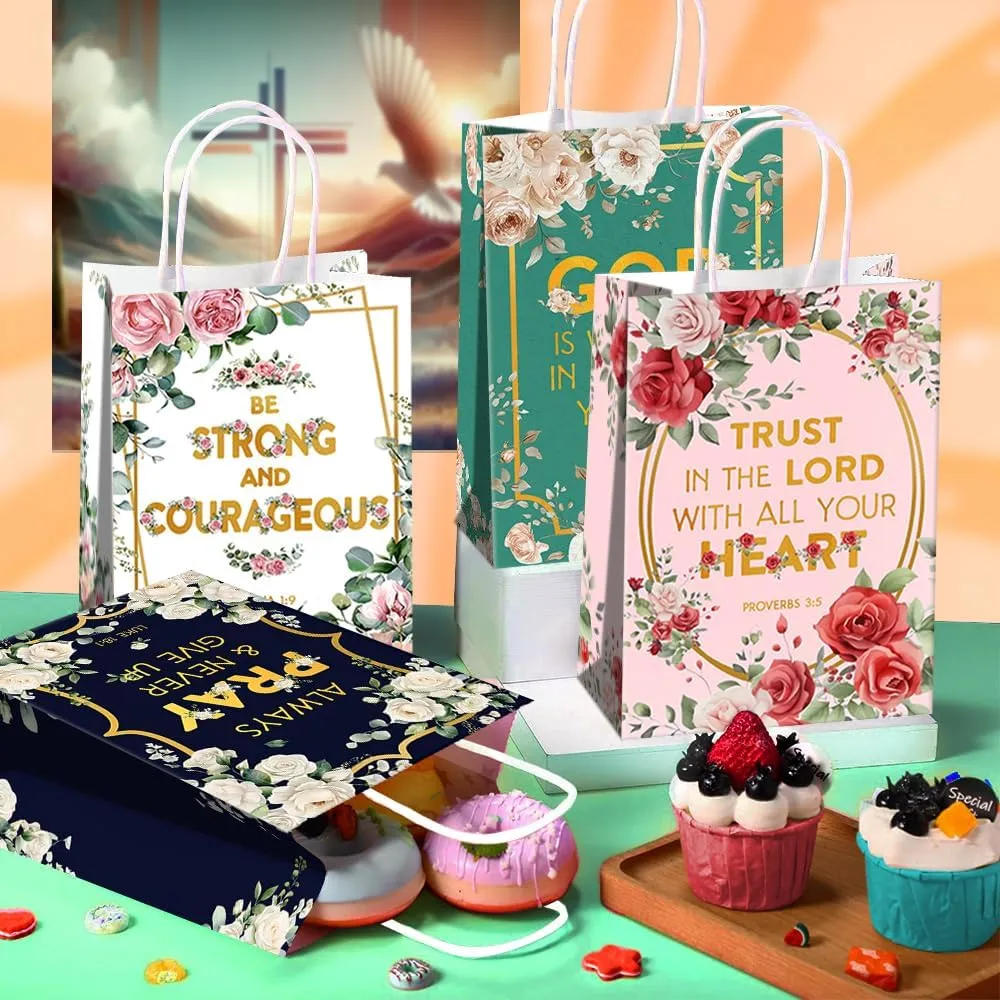 JOYGATHER 24 Pcs Religious Party Favors Bags with Handles, Inspirational Flower Christian Goodie Gift Kraft Paper Bags with 4 Different Types for Women Girls Birthday Wedding Baptism Easter Day Spring Party