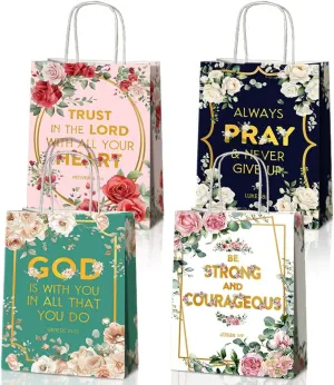 JOYGATHER 24 Pcs Religious Party Favors Bags with Handles, Inspirational Flower Christian Goodie Gift Kraft Paper Bags with 4 Different Types for Women Girls Birthday Wedding Baptism Easter Day Spring Party