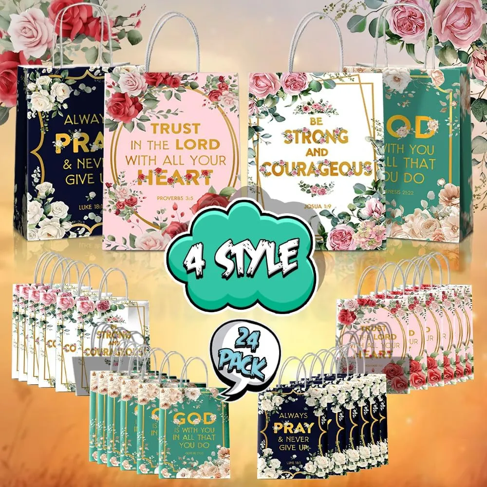 JOYGATHER 24 Pcs Religious Party Favors Bags with Handles, Inspirational Flower Christian Goodie Gift Kraft Paper Bags with 4 Different Types for Women Girls Birthday Wedding Baptism Easter Day Spring Party