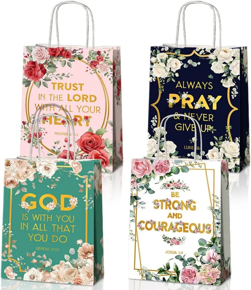 JOYGATHER 24 Pcs Religious Party Favors Bags with Handles, Inspirational Flower Christian Goodie Gift Kraft Paper Bags with 4 Different Types for Women Girls Birthday Wedding Baptism Easter Day Spring Party