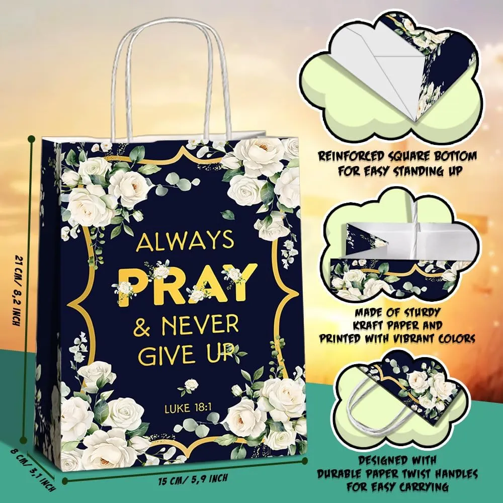 JOYGATHER 24 Pcs Religious Party Favors Bags with Handles, Inspirational Flower Christian Goodie Gift Kraft Paper Bags with 4 Different Types for Women Girls Birthday Wedding Baptism Easter Day Spring Party