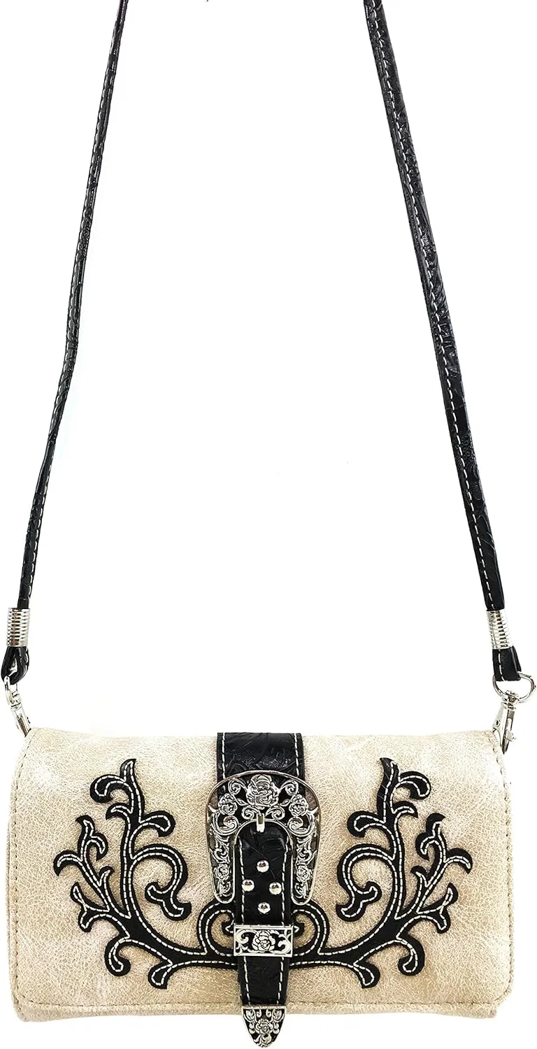 Justin West American Albino Floral Embroidery Buckle Shoulder Concealed Carry Handbag Purse