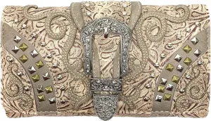 Justin West Clydesdale Tooled Leather Metal Stud Buckle Conceal Carry Women Handbag Purse