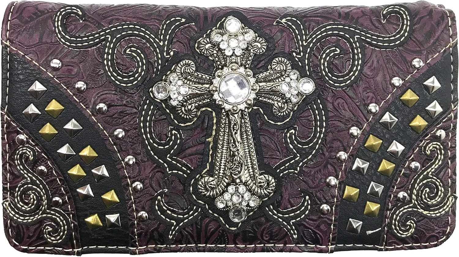 Justin West Clydesdale Tooled Leather Metal Stud Cross Conceal Carry Women Handbag Purse