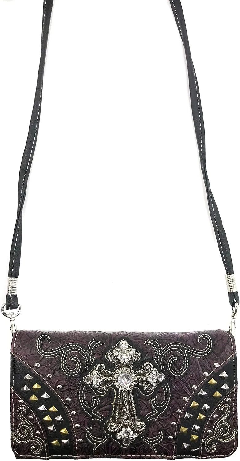 Justin West Clydesdale Tooled Leather Metal Stud Cross Conceal Carry Women Handbag Purse
