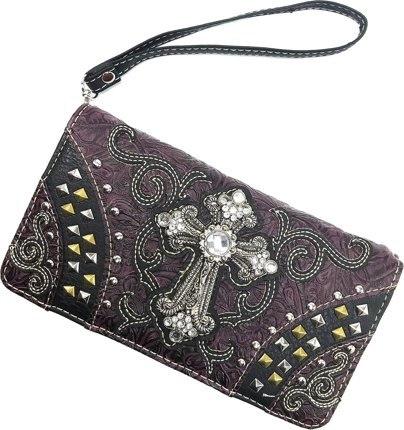 Justin West Clydesdale Tooled Leather Metal Stud Cross Conceal Carry Women Handbag Purse