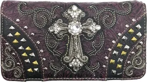 Justin West Clydesdale Tooled Leather Metal Stud Cross Conceal Carry Women Handbag Purse