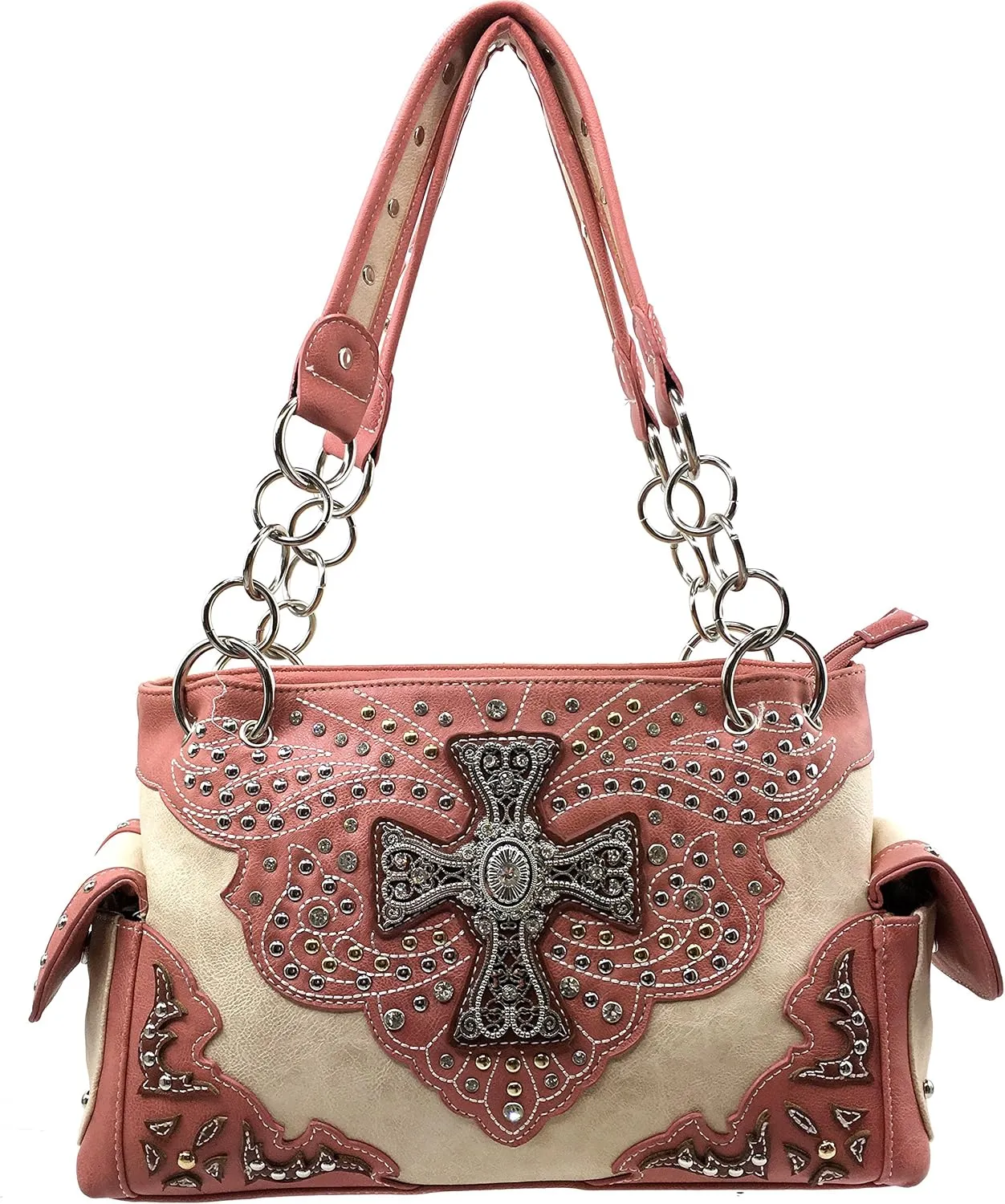 Justin West Cross Rhinestone Silver Studs Laser Cut Western Shoulder Concealed Carry Handbag Purse