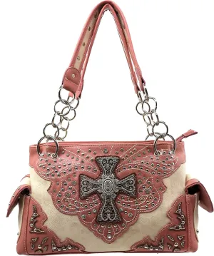 Justin West Cross Rhinestone Silver Studs Laser Cut Western Shoulder Concealed Carry Handbag Purse