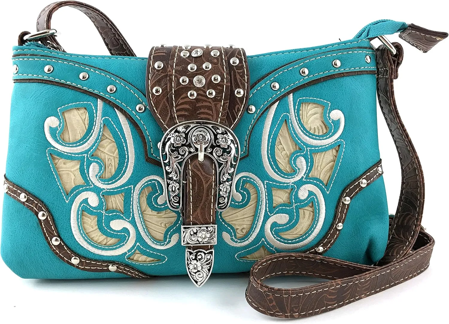Justin West Floral Leather Turquoise Concho Rhinestone Messenger Bag Crossbody