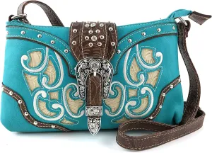 Justin West Floral Leather Turquoise Concho Rhinestone Messenger Bag Crossbody