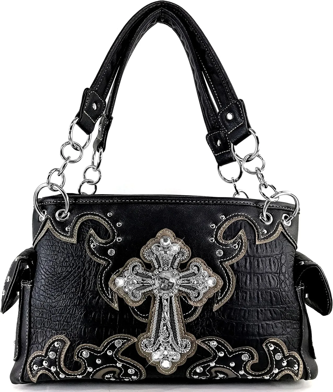 Justin West Paisley Embroidery Floral Tooled Leather Rhinestone Cross Shoulder Concealed Carry Handbag Purse