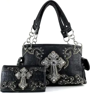 Justin West Paisley Embroidery Floral Tooled Leather Rhinestone Cross Shoulder Concealed Carry Handbag Purse