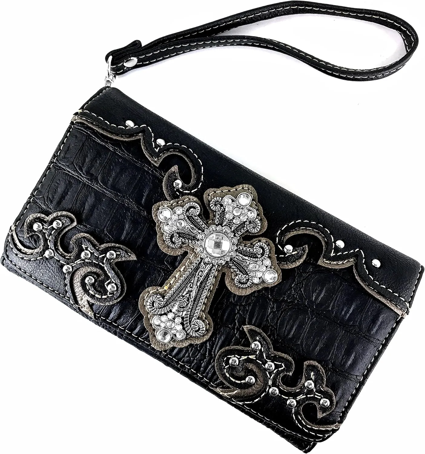Justin West Paisley Embroidery Floral Tooled Leather Rhinestone Cross Shoulder Concealed Carry Handbag Purse
