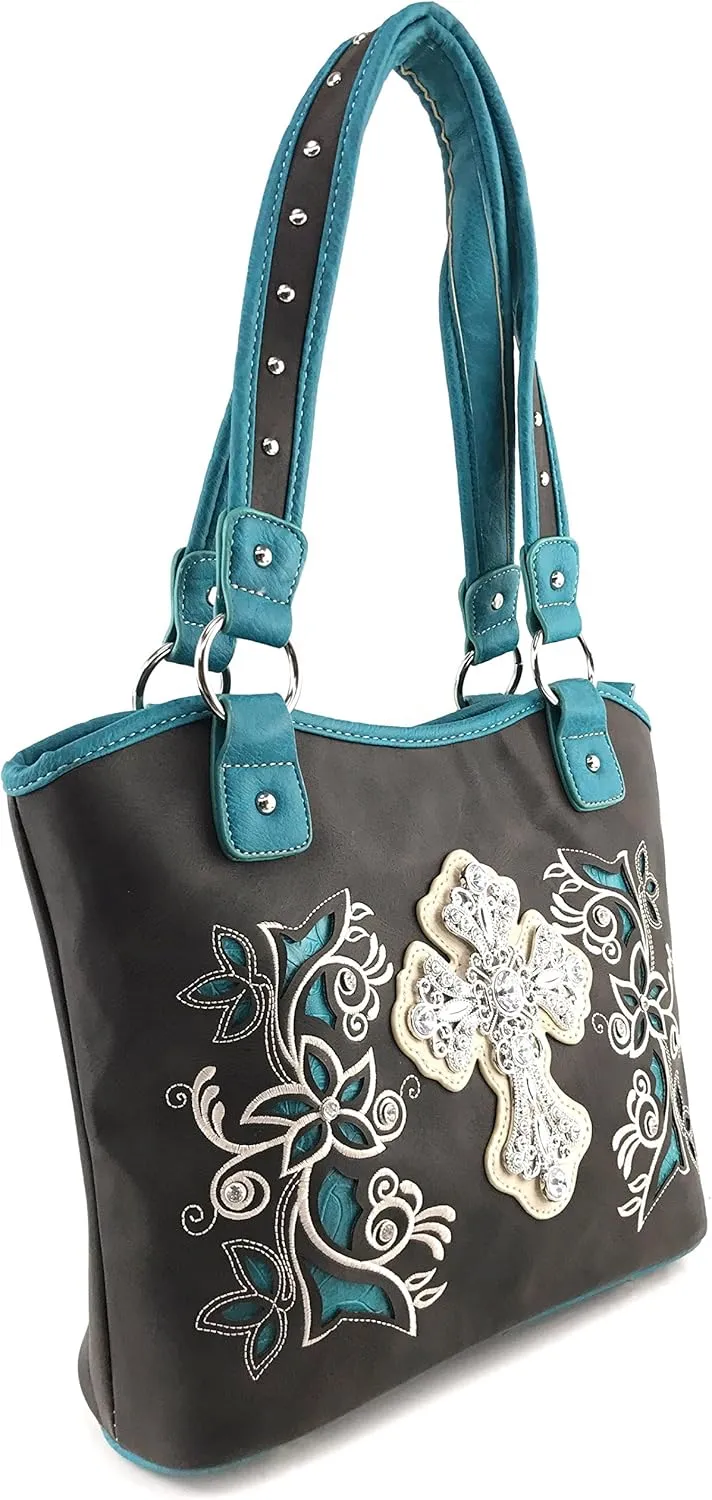 Justin West Western Rhinestone Cross Tote Purse Embroidery Floral Design Leather Concealed Carry Handbag