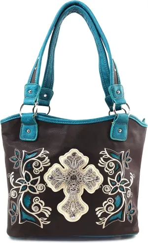 Justin West Western Rhinestone Cross Tote Purse Embroidery Floral Design Leather Concealed Carry Handbag